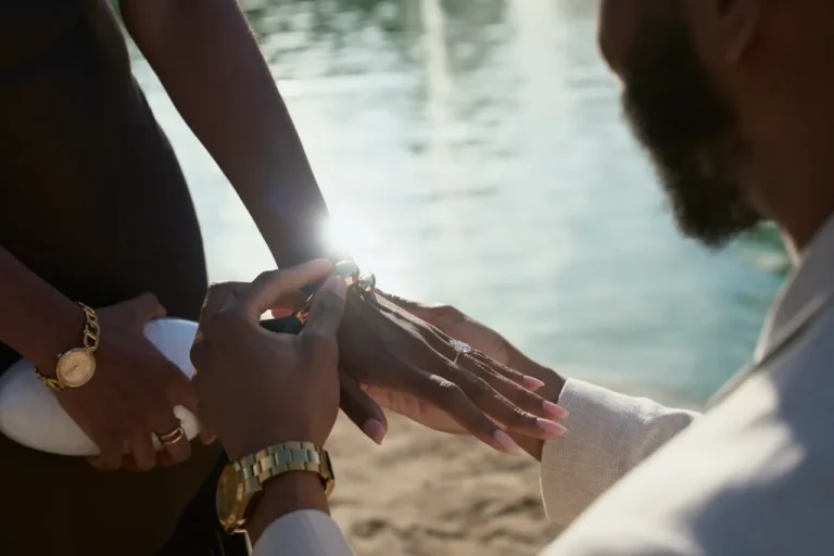 Close-up of a man putting an engagement ring on his partner's finger at Ciutadella Park.