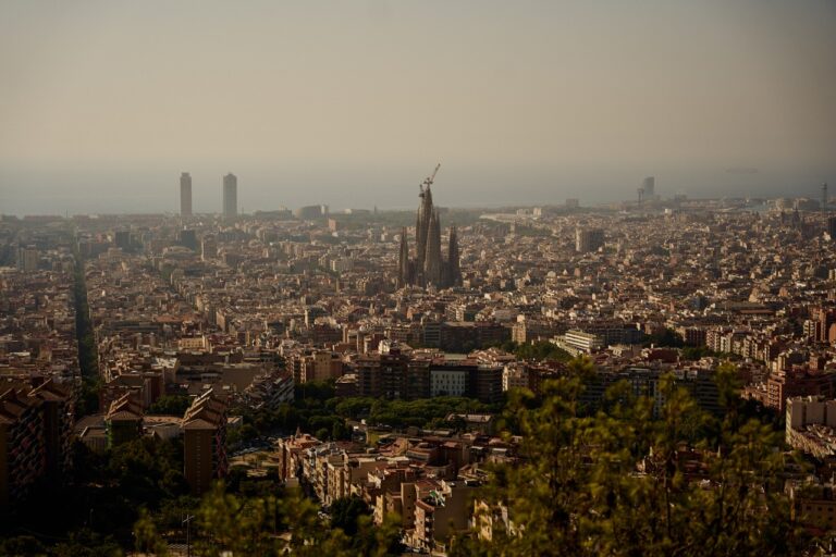 Sprawling barcelona cityscape viewed from the bunkers del carmel, capturing sagrada familia, city blocks, and the mediterranean sea